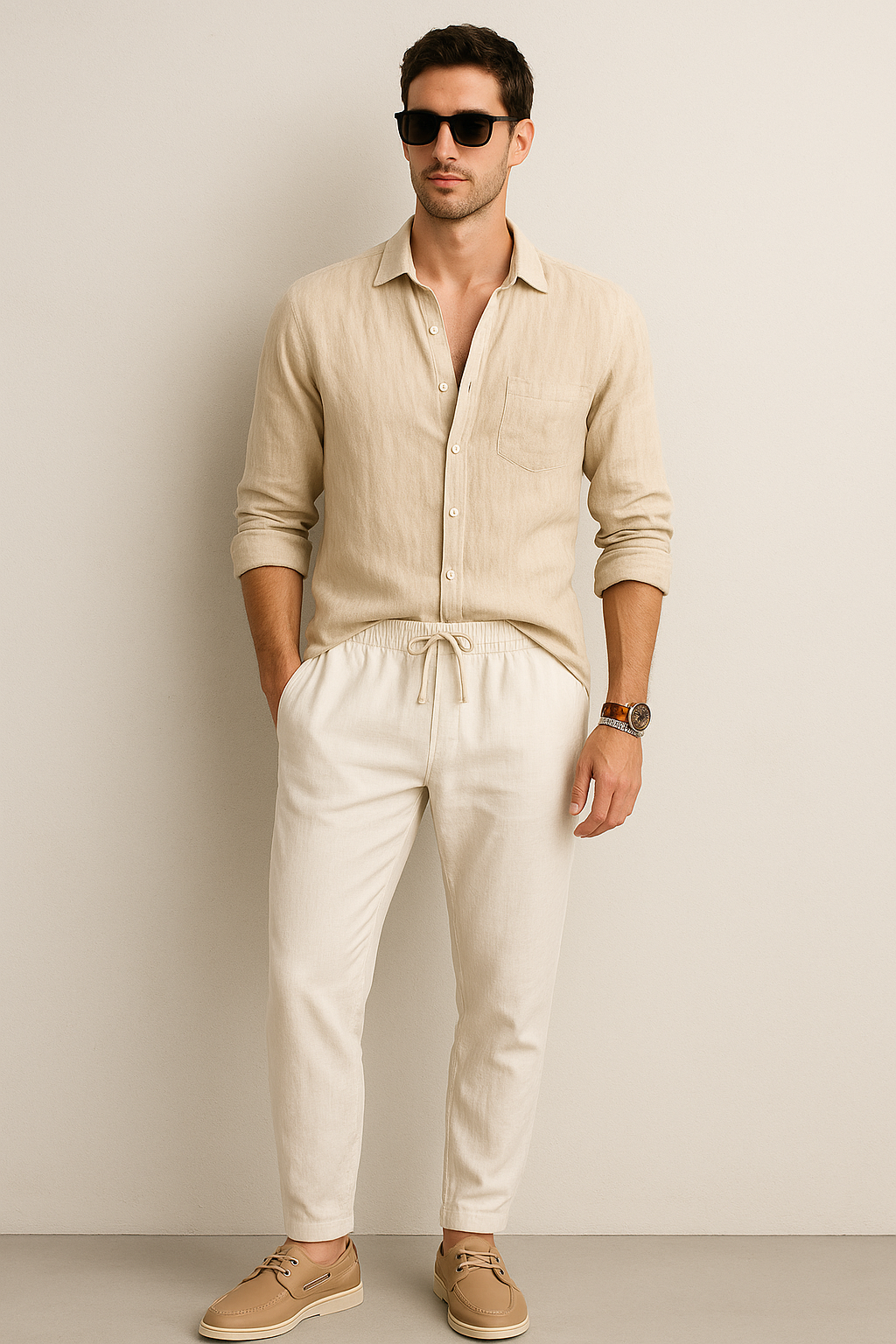 Averra Riviera Summer Set – Linen Shirt, White Trousers & Bronze-Tone Accessories