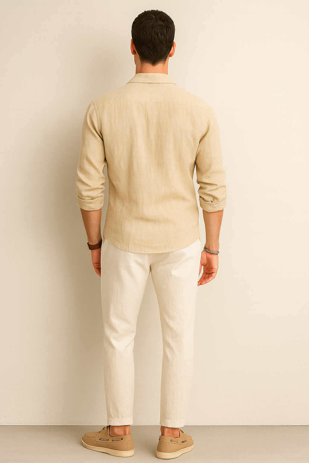 Averra Riviera Summer Set – Linen Shirt, White Trousers & Bronze-Tone Accessories