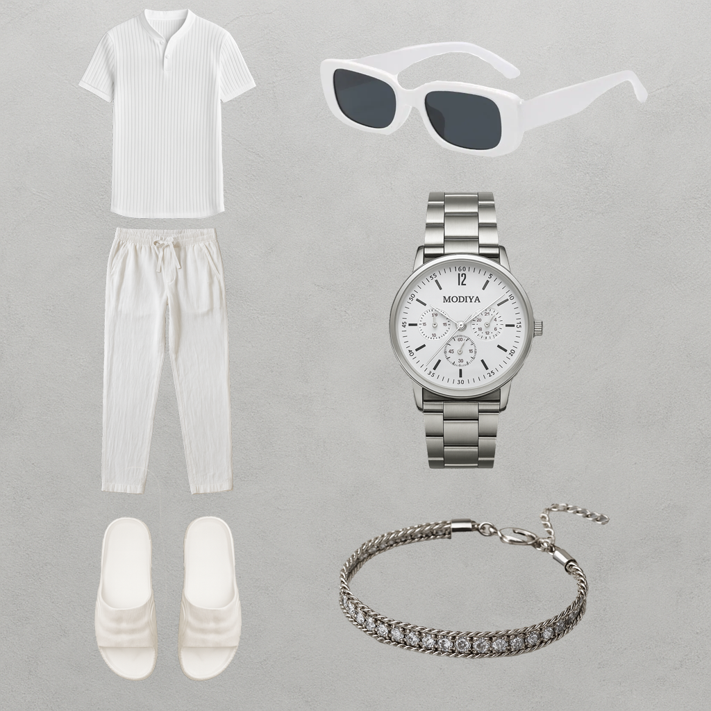 Averra Monaco All-White Set – Minimalist Linen Outfit with Silver-Tone Accessories
