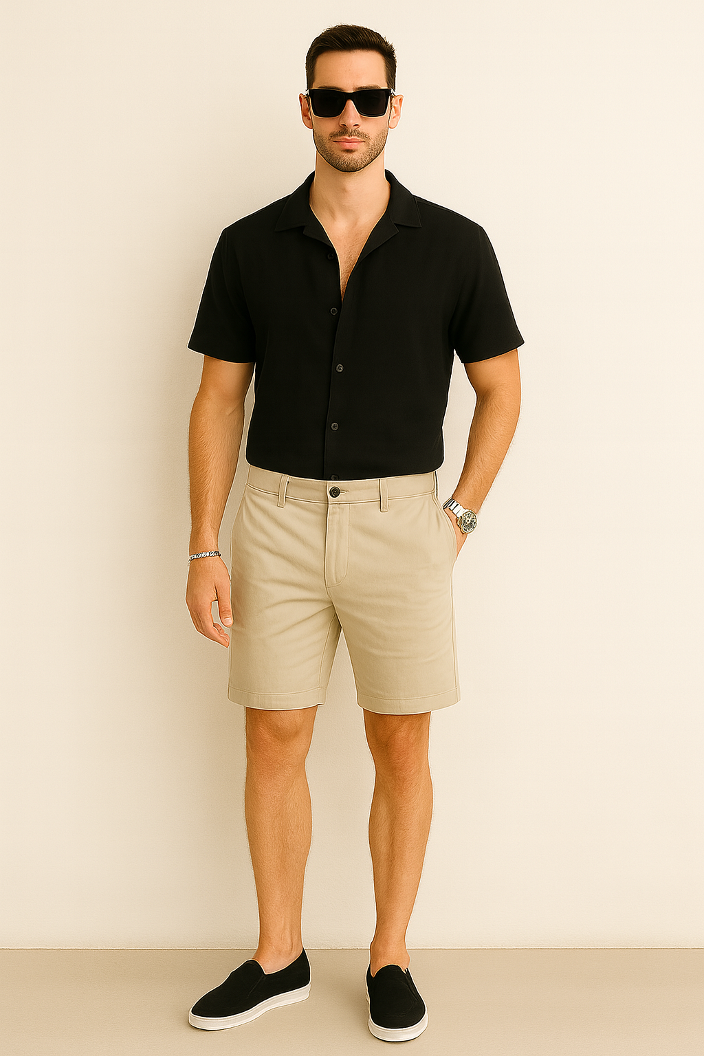 Averra Riviera Summer Set – Black Shirt, Beige Shorts & Green Diver Watch