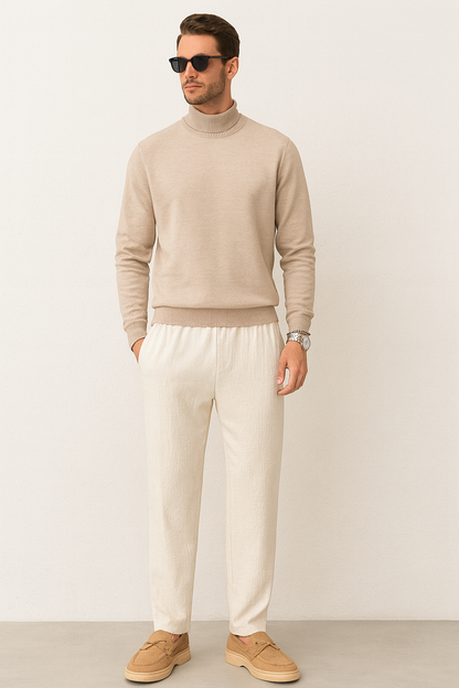Averra Parisian Elegance Set – Beige Turtleneck, Light Trousers & Silver Accents