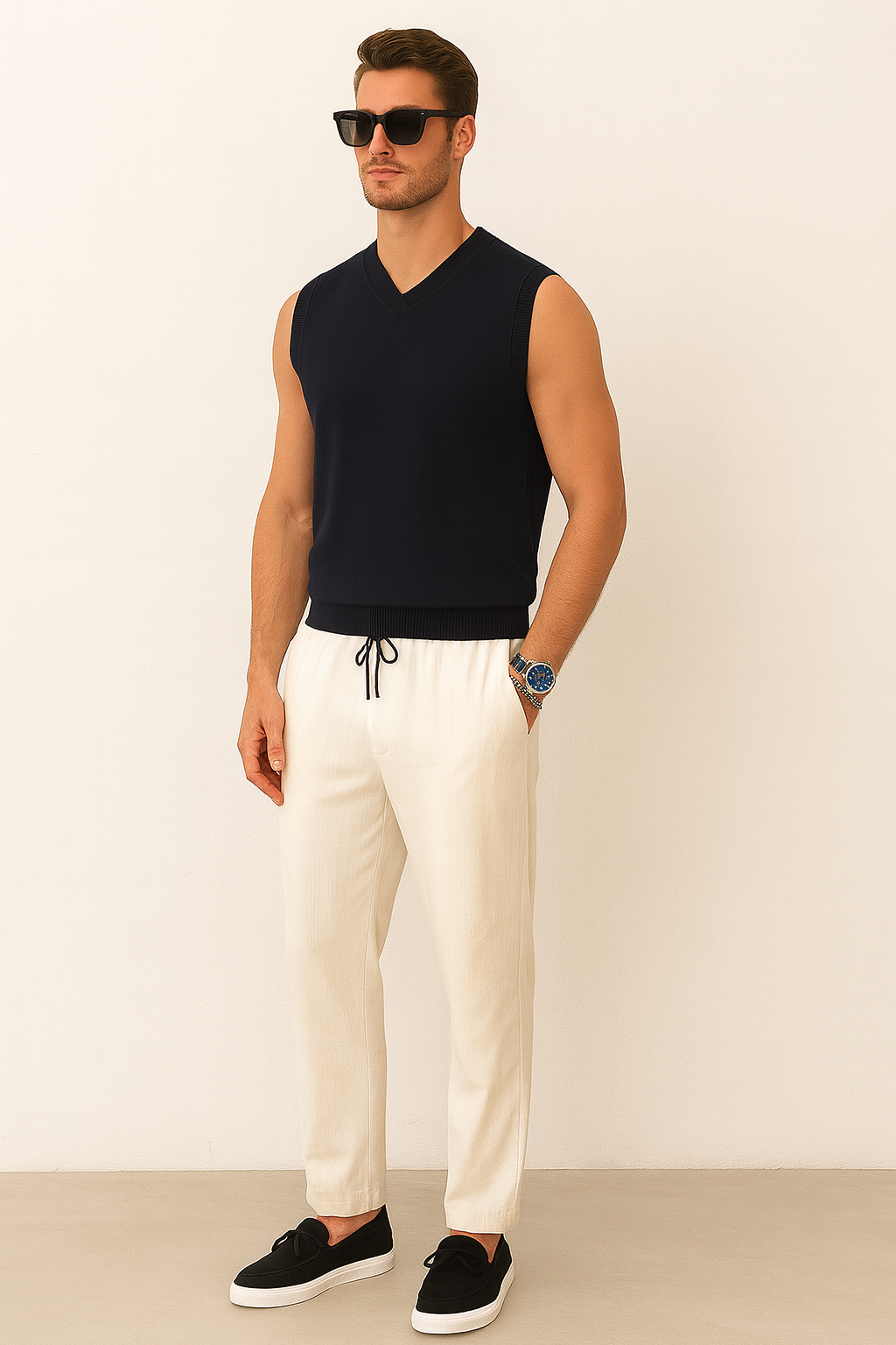 Averra Navy Minimalist Set – Knit Vest, Tailored Trousers & Modern Accessories