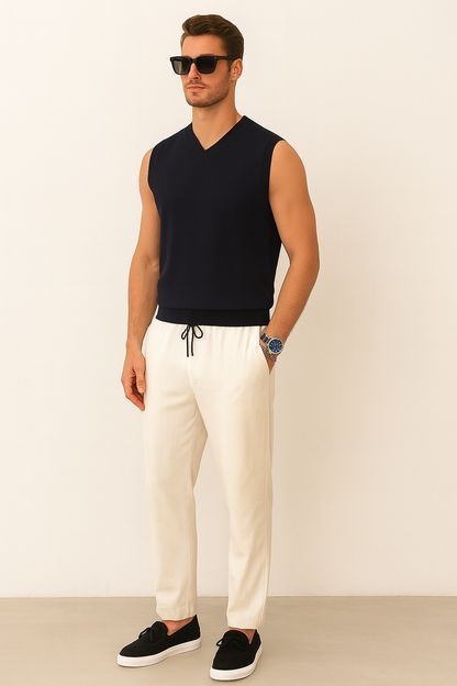 Averra Navy Minimalist Set – Knit Vest, Tailored Trousers & Modern Accessories