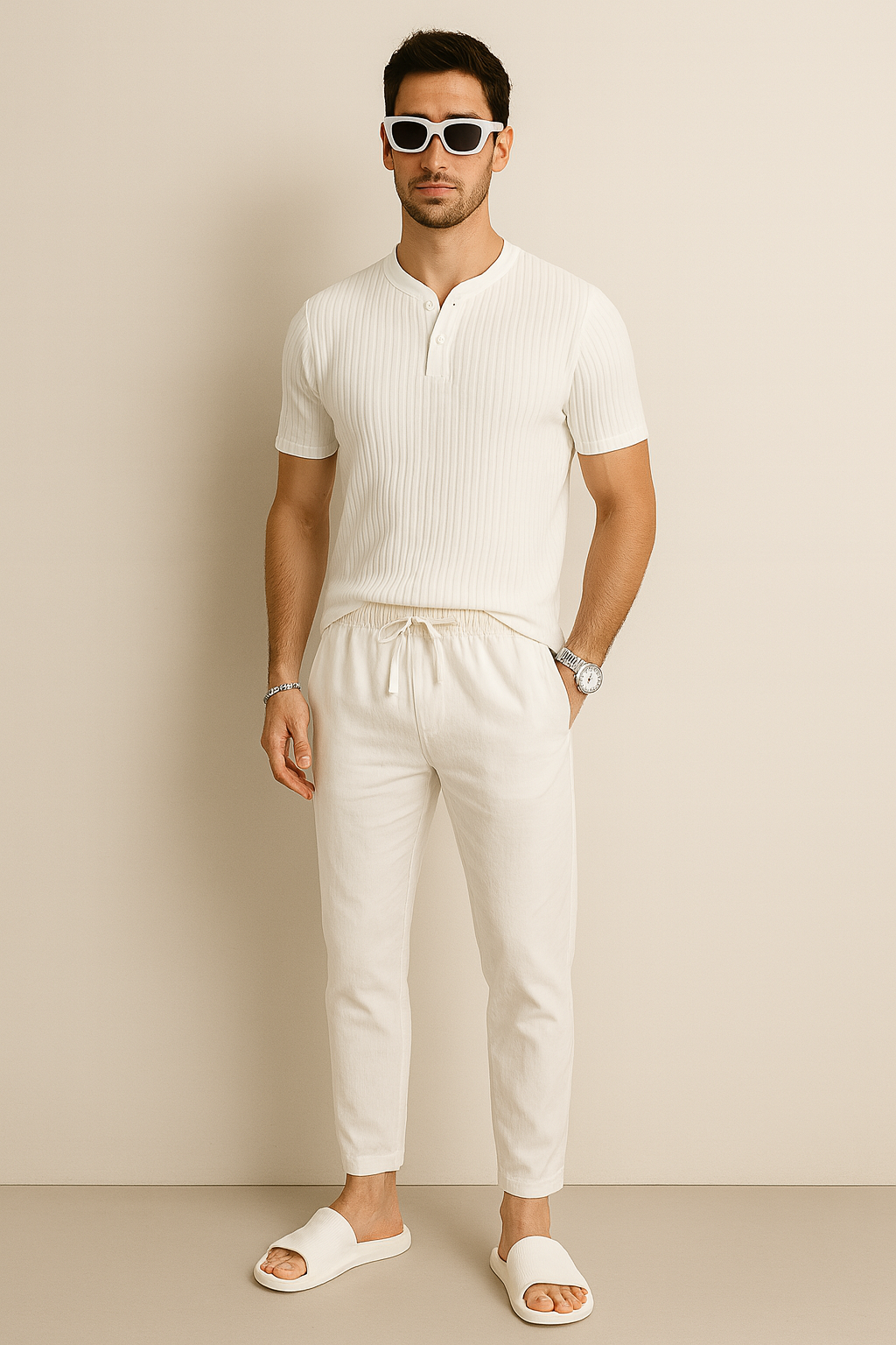 Averra Monaco All-White Set – Minimalist Linen Outfit with Silver-Tone Accessories