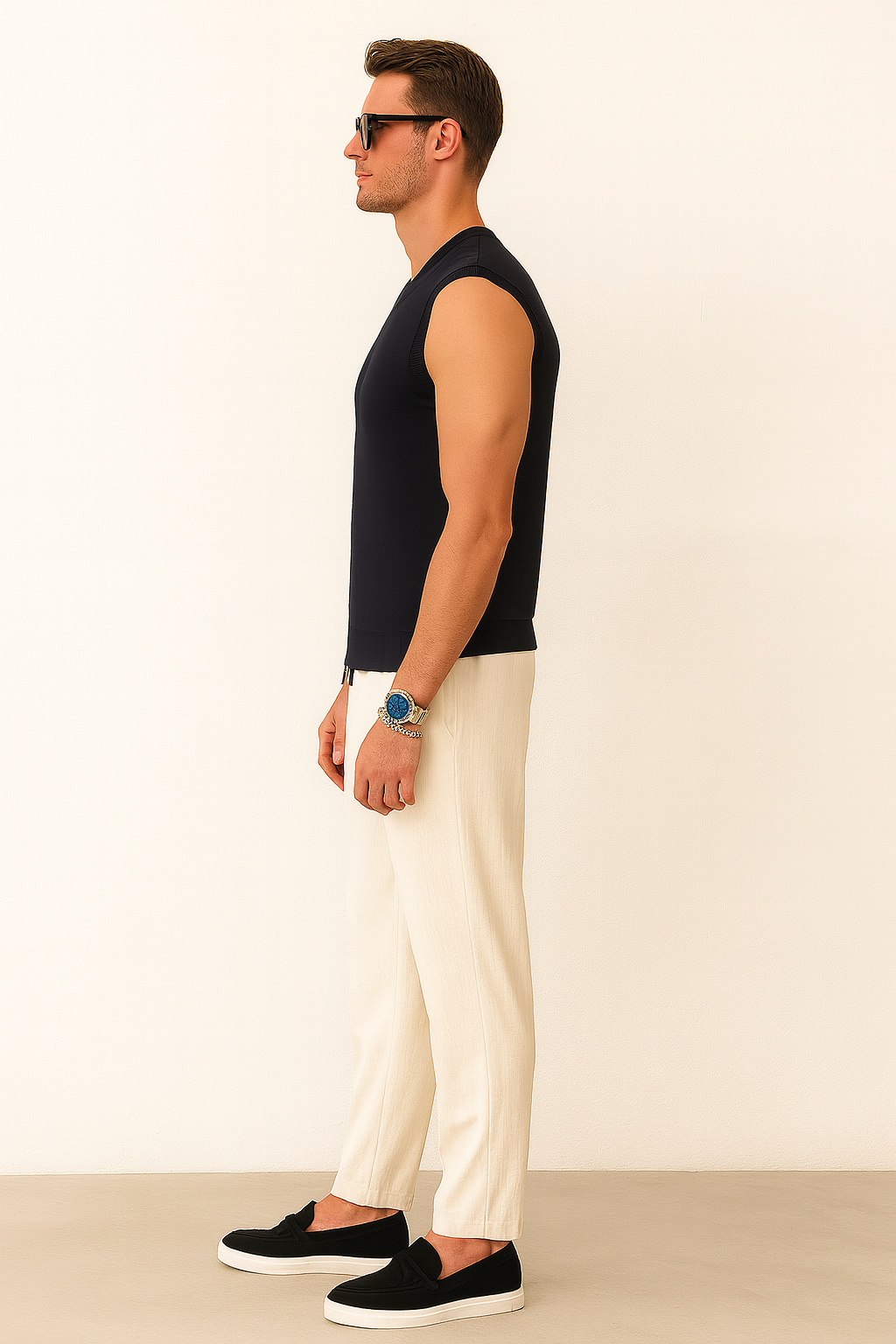 Averra Navy Minimalist Set – Knit Vest, Tailored Trousers & Modern Accessories