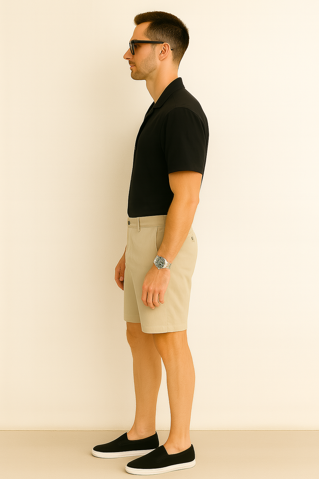 Averra Riviera Summer Set – Black Shirt, Beige Shorts & Green Diver Watch