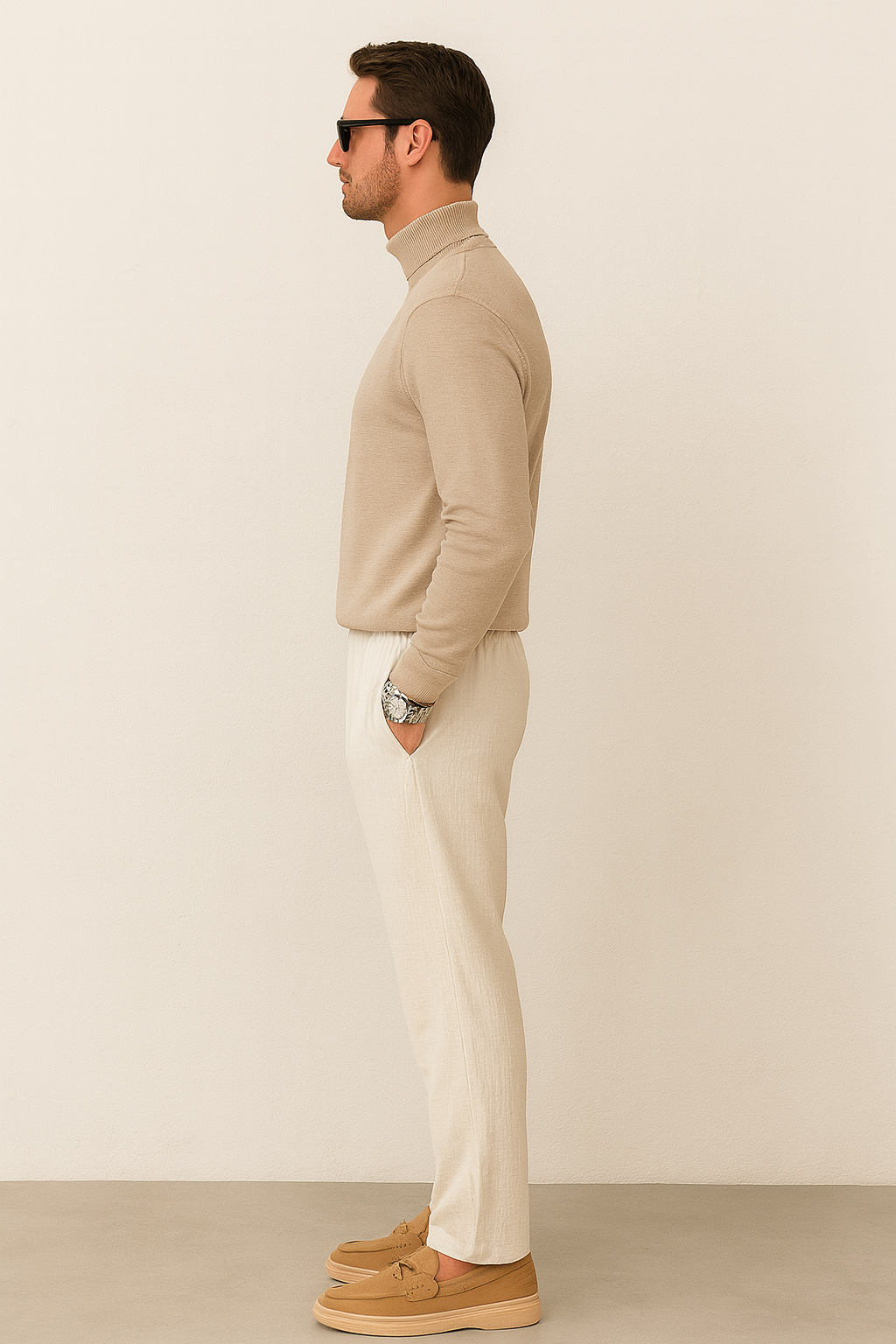 Averra Parisian Elegance Set – Beige Turtleneck, Light Trousers & Silver Accents
