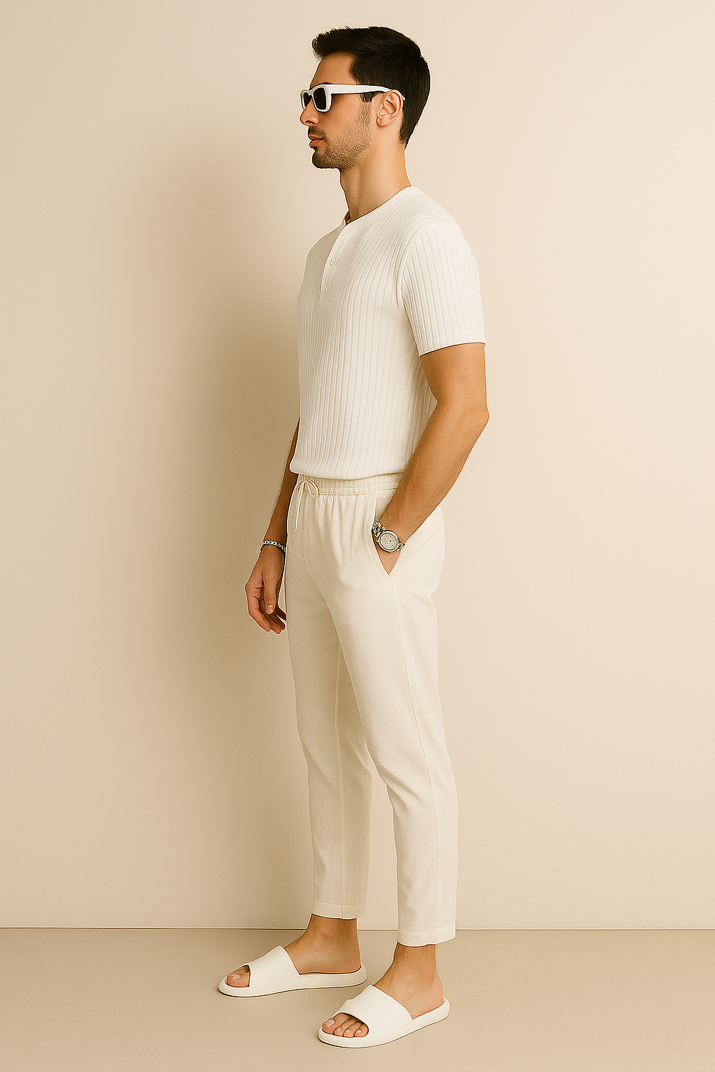 Averra Monaco All-White Set – Minimalist Linen Outfit with Silver-Tone Accessories