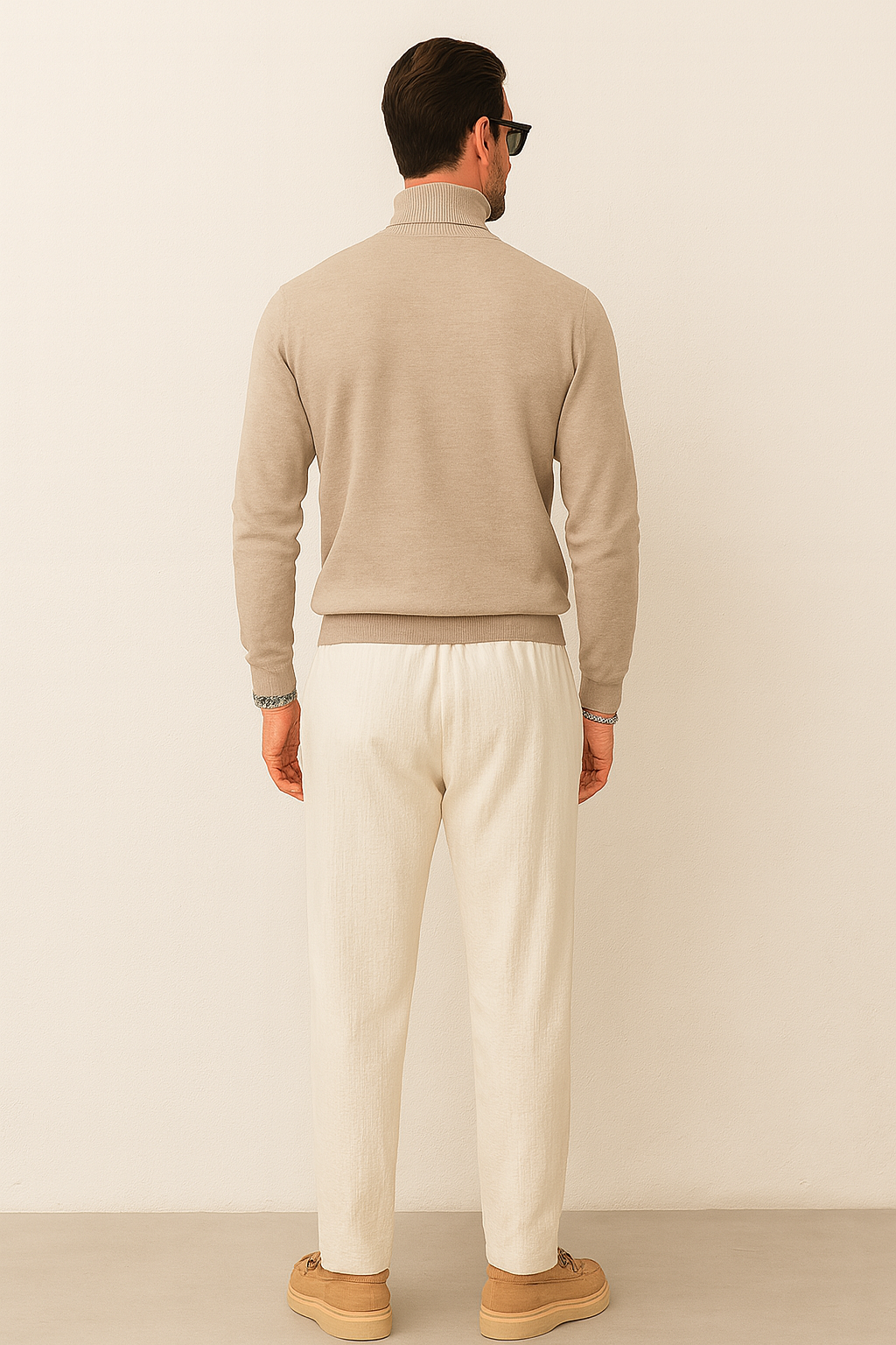 Averra Parisian Elegance Set – Beige Turtleneck, Light Trousers & Silver Accents