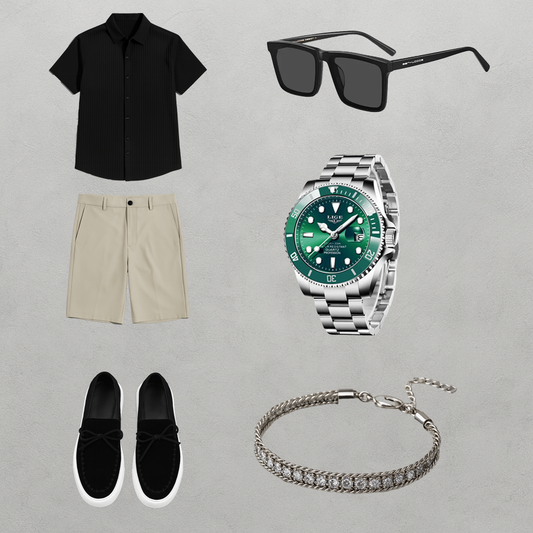 Averra Riviera Summer Set – Black Shirt, Beige Shorts & Green Diver Watch