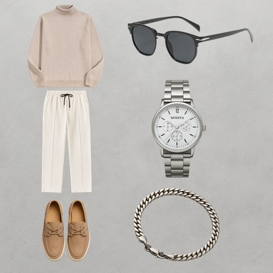 Averra Parisian Elegance Set – Beige Turtleneck, Light Trousers & Silver Accents