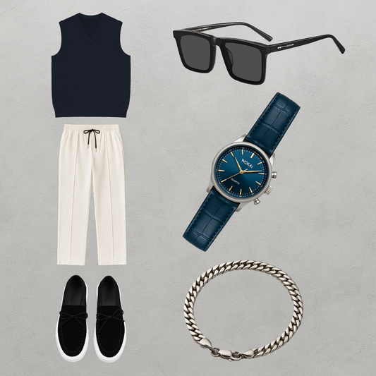 Averra Navy Minimalist Set – Knit Vest, Tailored Trousers & Modern Accessories