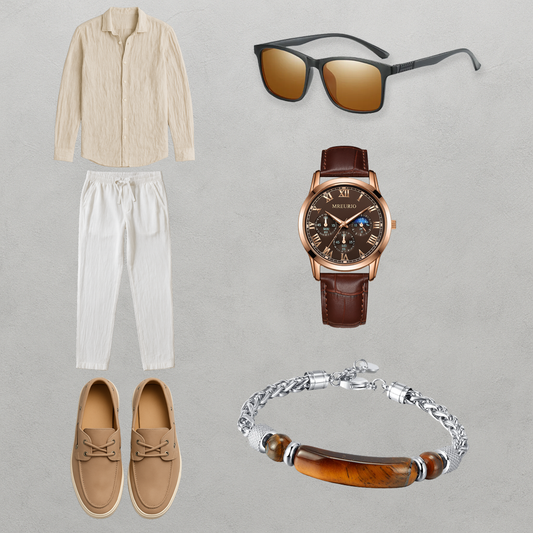 Averra Riviera Summer Set – Linen Shirt, White Trousers & Bronze-Tone Accessories