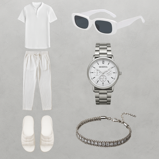 Averra Monaco All-White Set – Minimalist Linen Outfit with Silver-Tone Accessories